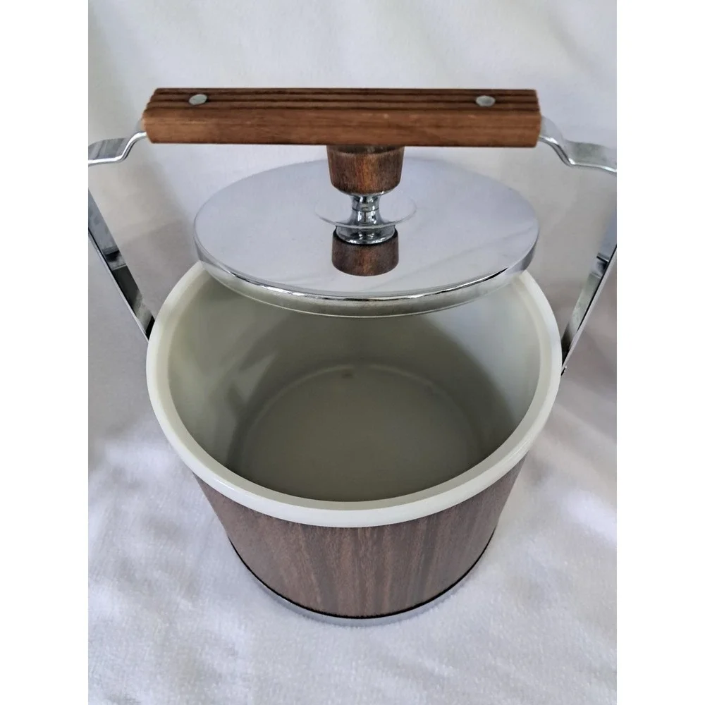 Vintage Atapco USA Faux Wood Grain Ice Bucket Chrome Lid Barware Mid Century Mod